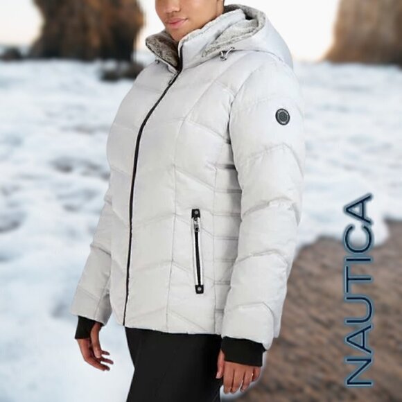 Nautica | Women's Hooded  Puffer Jacket Detachable Fx Fur Hood | Silver | NWOT - Picture 13 of 15